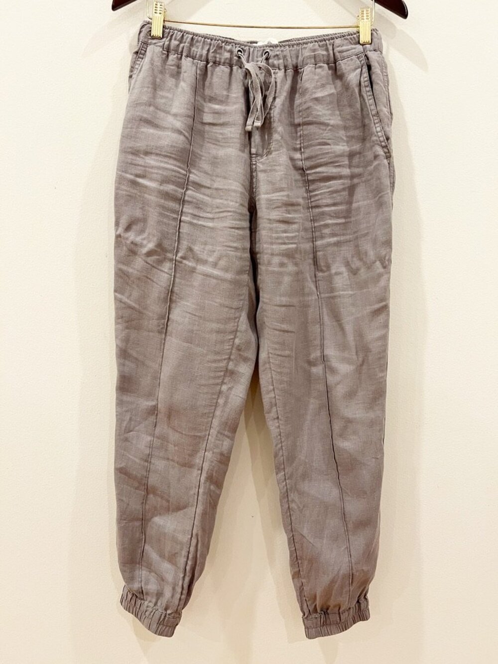 Cynthia Rowley Linen Pants Small Taupe Gray Jogger Relaxed Pockets Lightweight